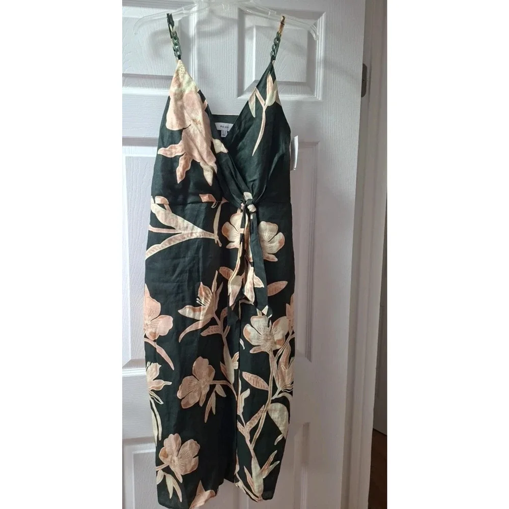 Reiss Alice Fitted Green Floral Linen Chain Strap Midi Dress Size 4 Wrap New - Picture 9 of 16